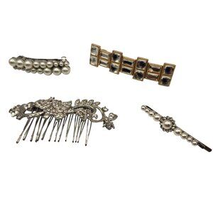 Vintage Lot of 4 Hair Accessories Barrettes Comb Bobby Pin Silver Rhinestone Pea
